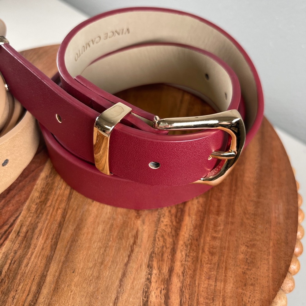 Vince Camuto Women's 2 Pack  of Belts 39" Tan and Burgundy Gold Tone Buckles - Picture 2 of 9
